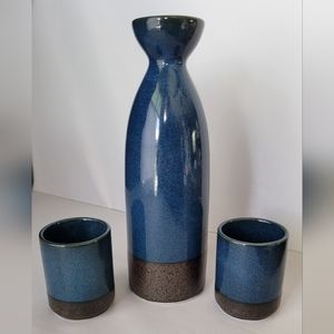 Saki Three Piece Set -Blue Pottery with Bottom Inch Dark Gray Made in Japan NWOT